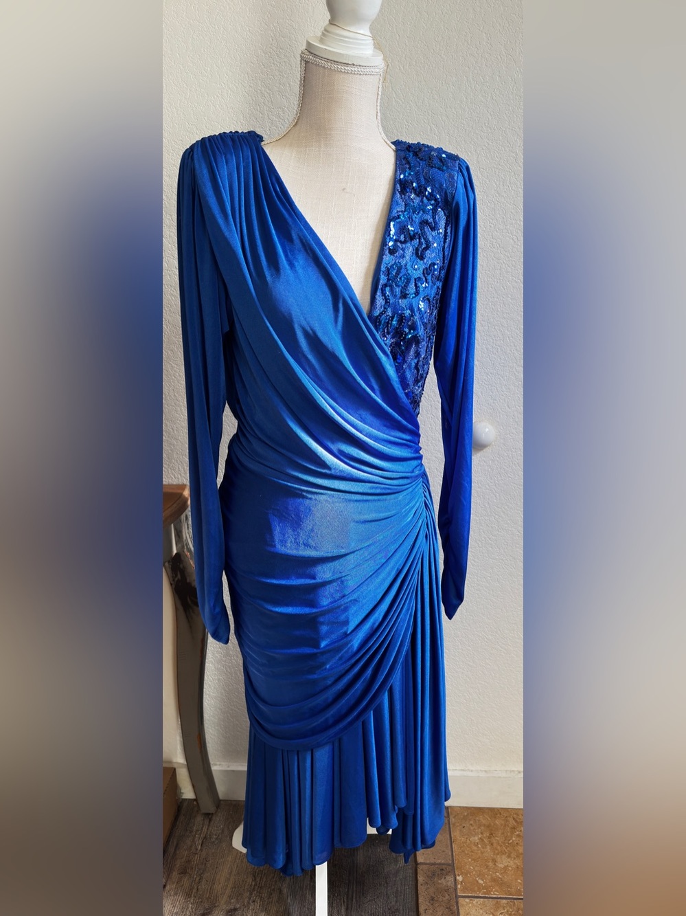 Vintage 80s Tadashi Shoji Royal Blue Sequin Ruched Liquid Jersey Dress
